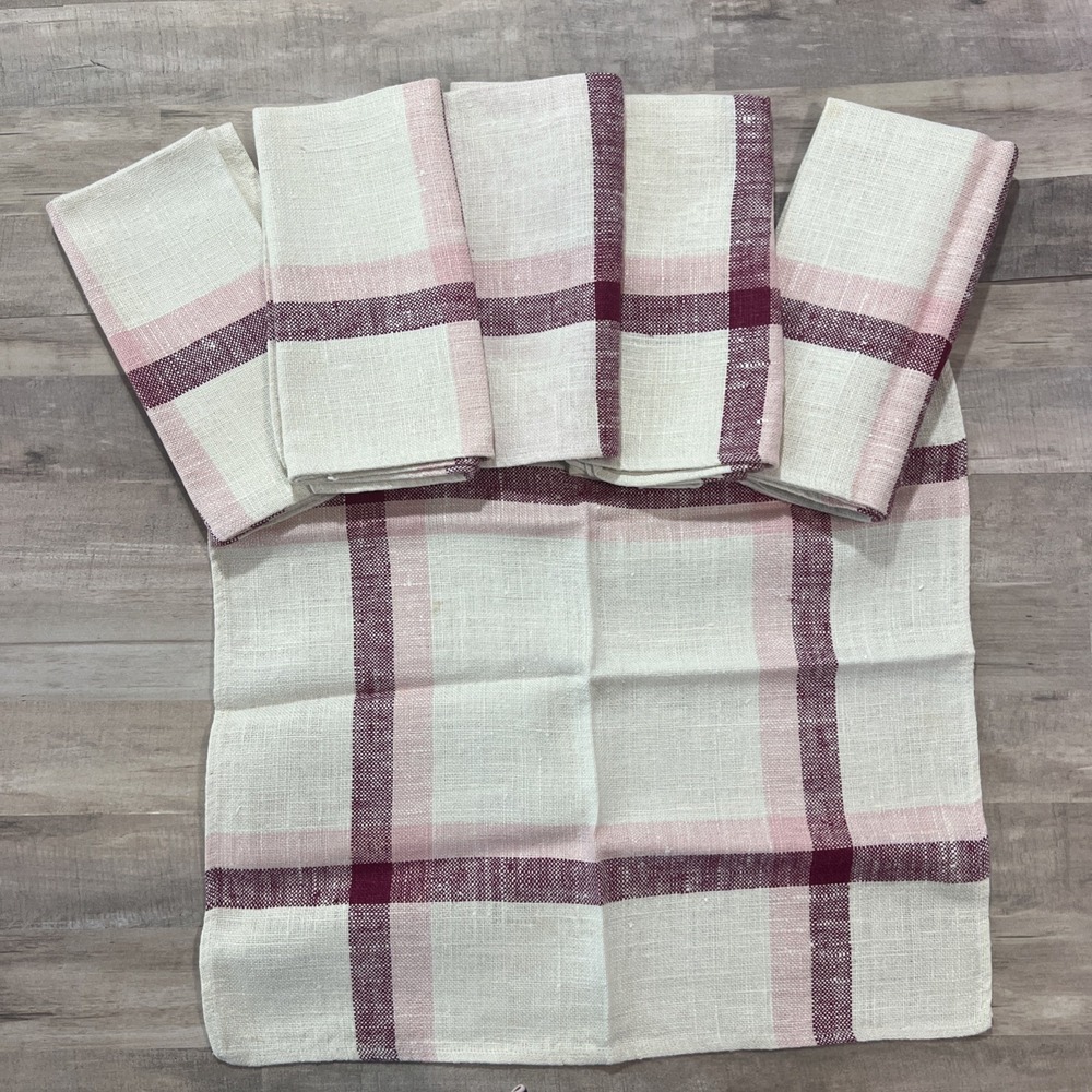 Set of Six Vintage Czech Linen Napkins Pink Magenta‎ 17"x17"
